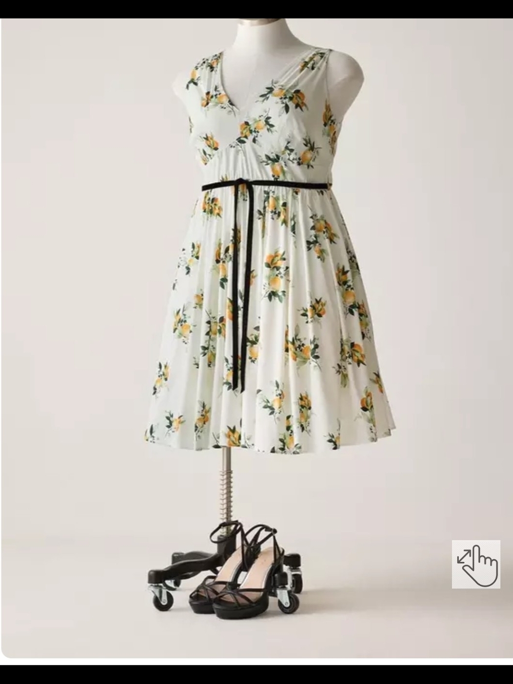 White Floral Midi Dress with Yellow Print and Black Waist Tie